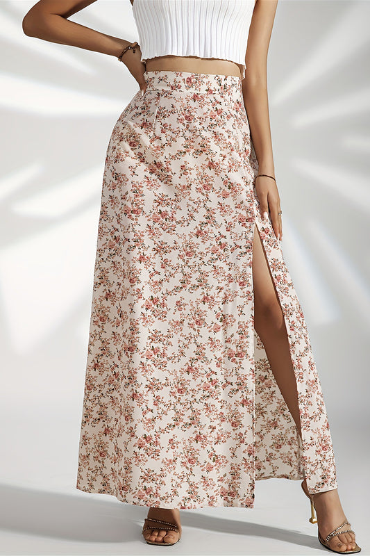High Waist Split Floral Slim Maxi Skirt