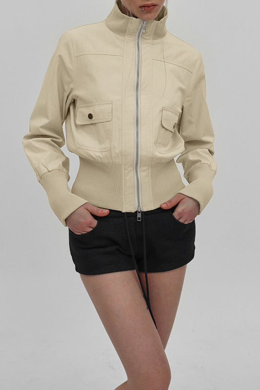 Utility Belted Stand Collar Jacket S / Beige