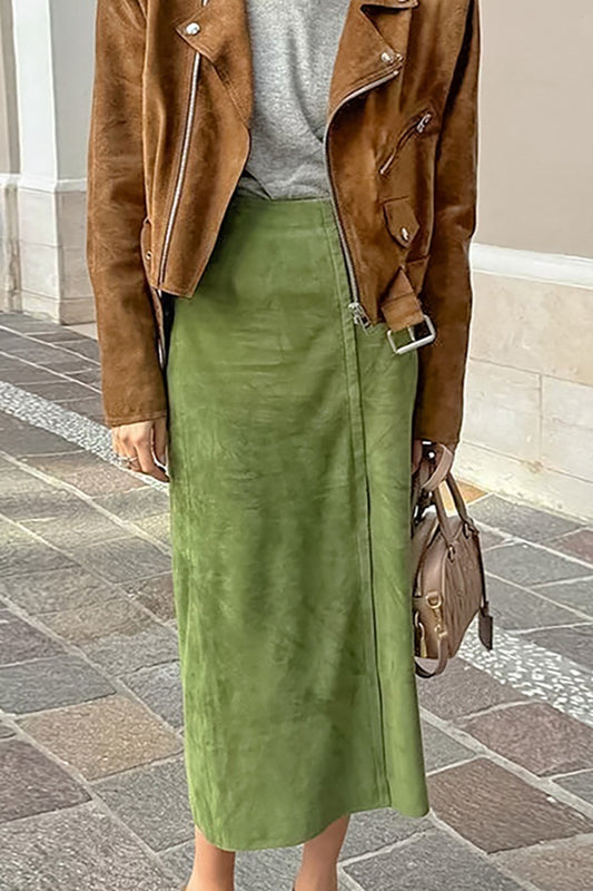 Faux-Suede Front-Slit Midi Skirt