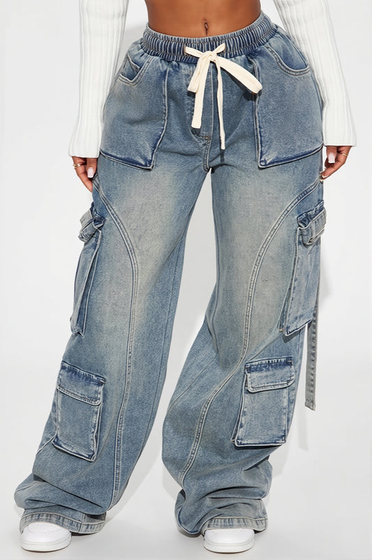 Drawstring Multi Pocket Cargo Jeans