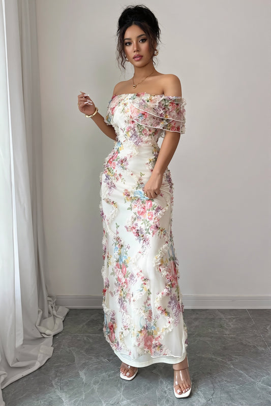 Ruffle Mesh Floral Mermaid Maxi Dress