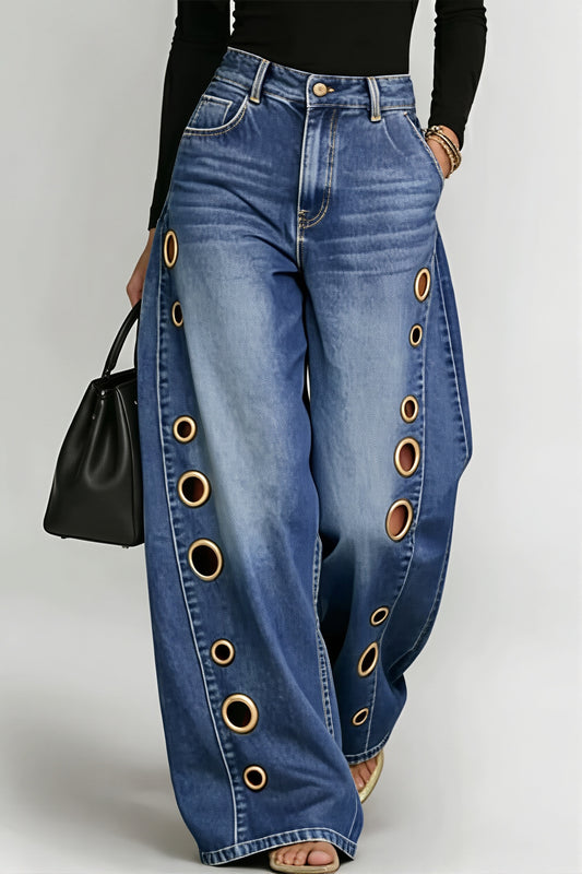 Grommet-Detail Wide-Leg Jeans