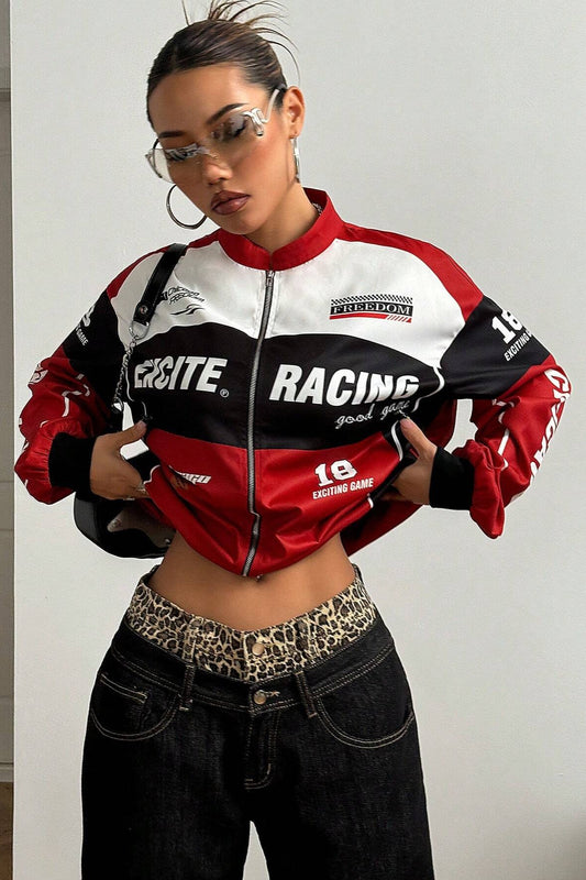 Letter Design Zip Color Block Biker Chic Long Sleeve Jacket