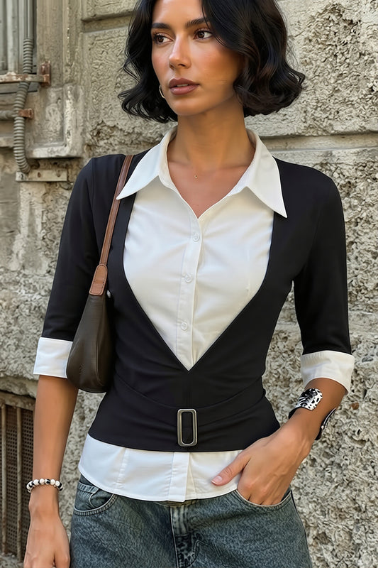 Belted Layered Shirt Look Blouse
