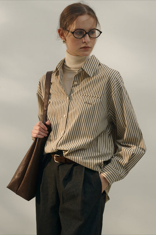 Vintage Color Block Stripe Collar Cotton Blouse