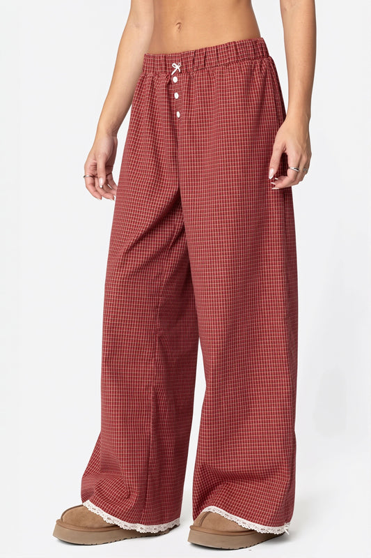 Plaid Straigh Ruffle Trim Pants