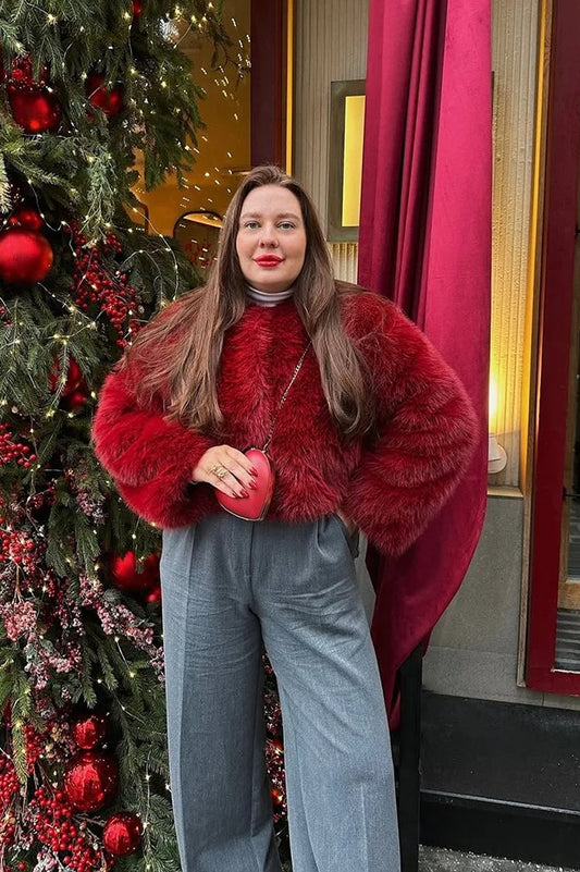 Faux Fur Blend Red Outerwear
