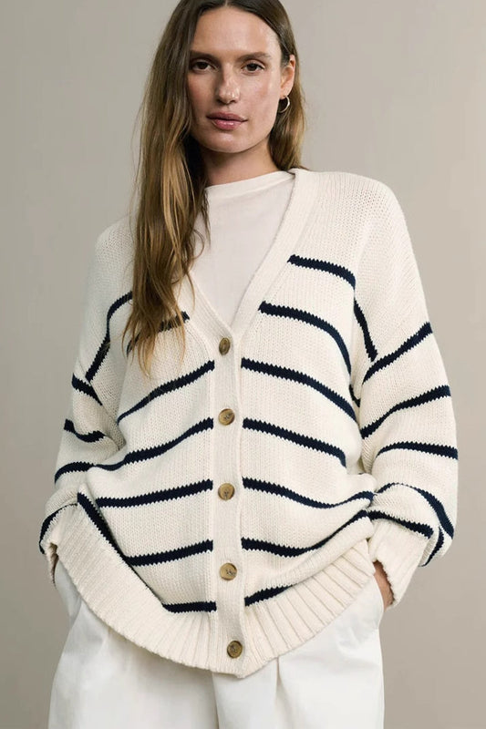 V Neck Striped Cotton Sweater S / White