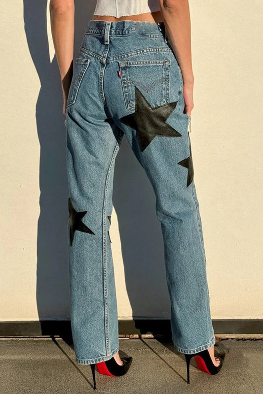 Leather Star Patchwork Straight Leg Jeans