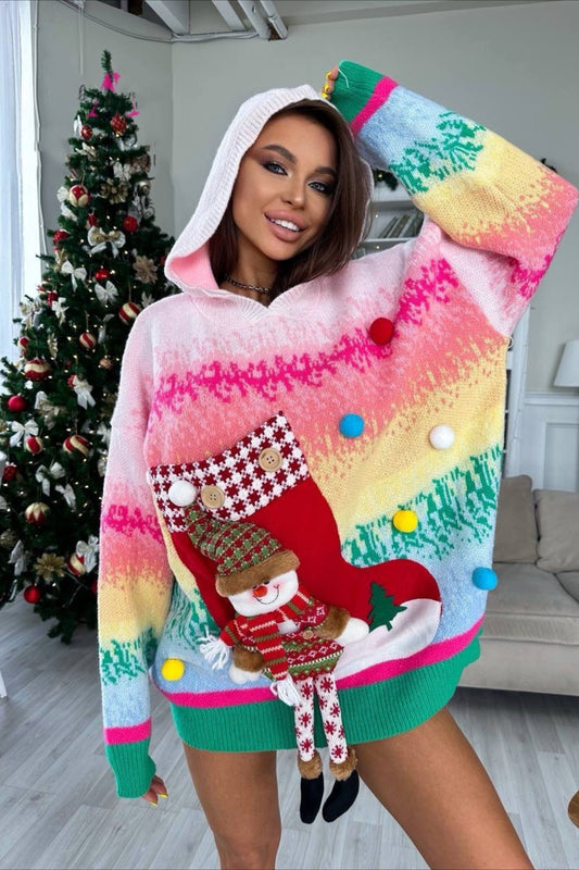 3D Snowman Hooded Pom Sweater