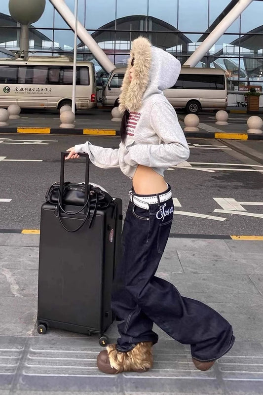 Y2K Flag Print Fur Paneled Casual Hoodie