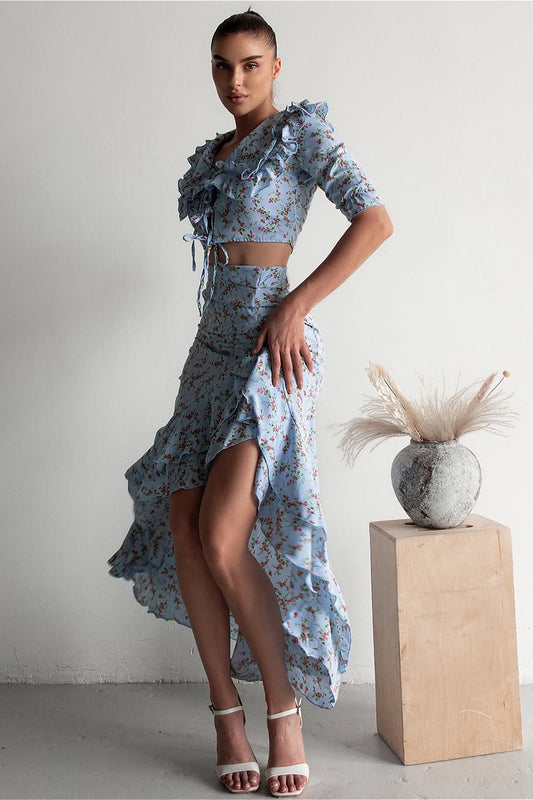Floral Light Blue Ruffled Split Midi Skirt Two Piece Set