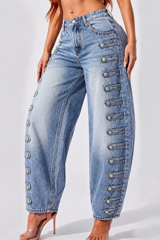 Multi Button Barrel Leg Jeans