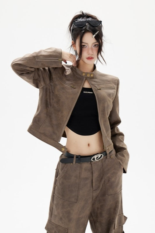 Cropped Biker Style Leather Jacket Brown / S