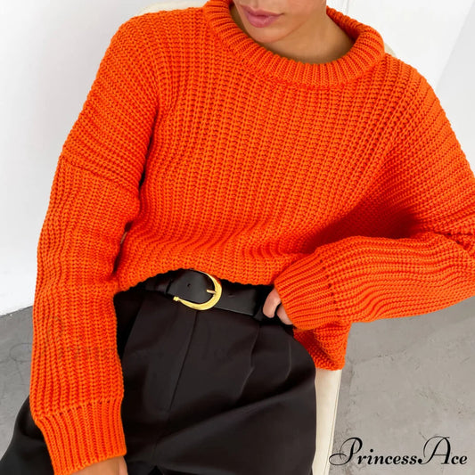 Candy Color Crewneck Pullover Modern Sweater - Light Blue M / Orange Sweaters