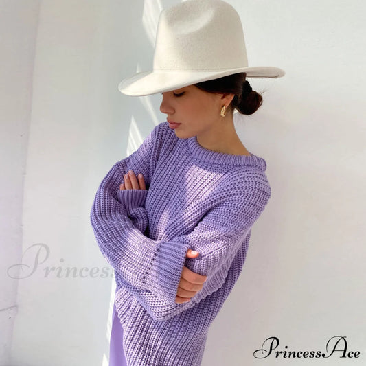 Candy Color Crewneck Trendy Pullover Sweater - Orange M / Purple Sweaters