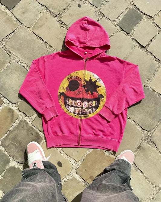 Cartoon Pattern Zipper Hoodie pink 1 / M