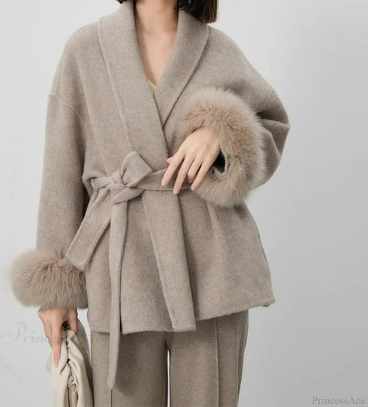 Cashmere Coat With Fur Cuffs Fox Fur Overcoat Khaki / S