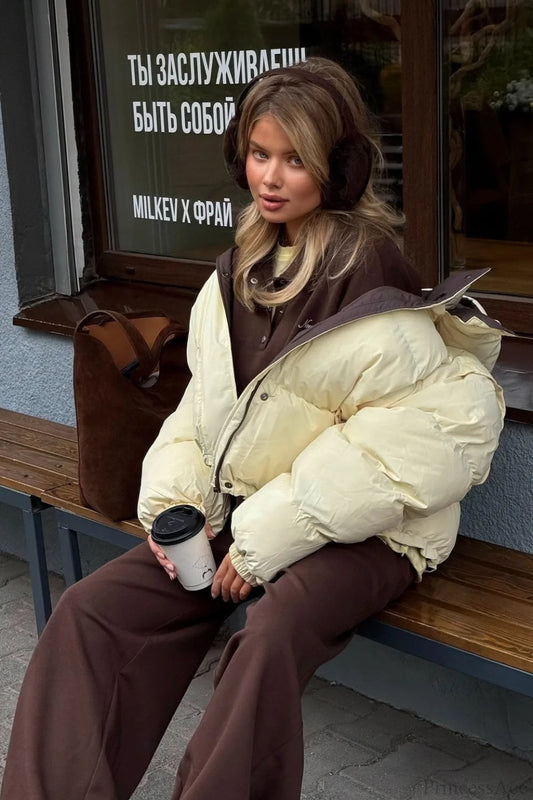 Casual Cropped Color Block Cotton Coat Yellow / S