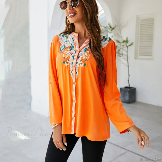 Casual Floral Embroidery Oversize Cotton Long Sleeve Boho Blouse bohoblouse-250126