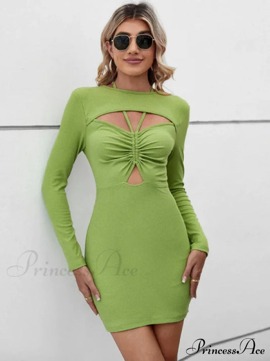 Casual Halter Hollow Short Sleeve Dress S / Green