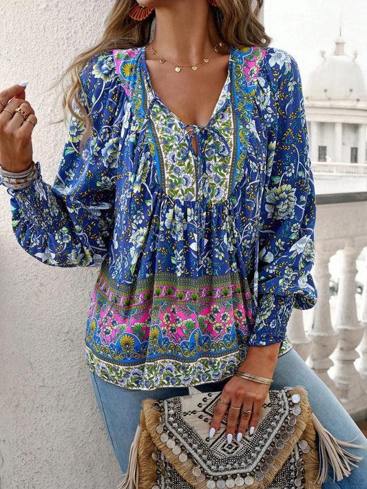Casual V-Neck Floral Print Long Sleeve Boho Blouse bohoblouse-250126