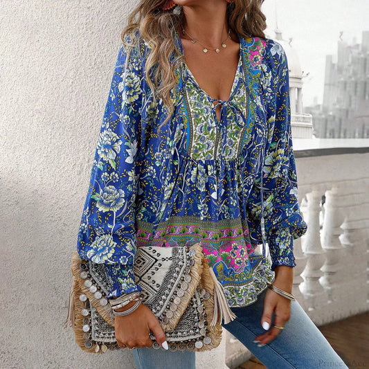 Casual V-Neck Floral Print Long Sleeve Boho Blouse Navy / S bohoblouse-250126
