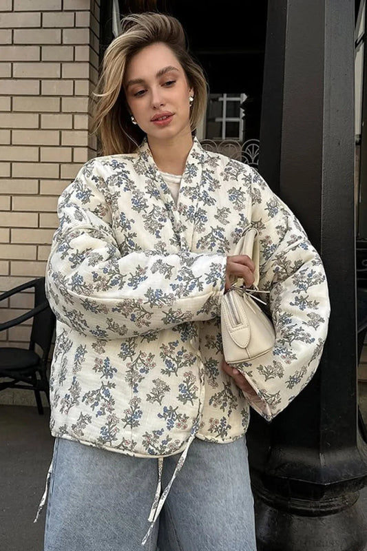 Casual Versatile Printed V-Neck Drawstring Padded Coat