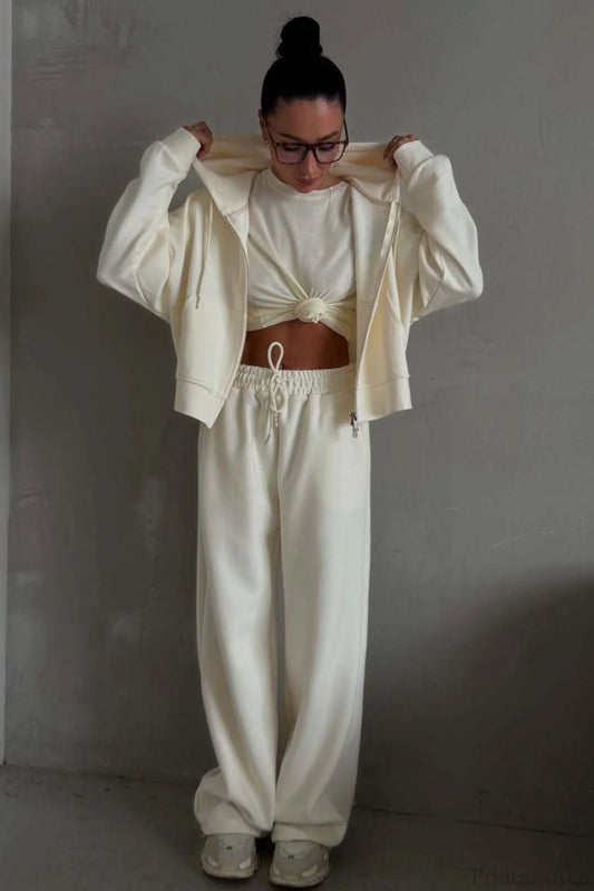 Casual Zip Hooded Embroidered Sweatpants Two Piece Set Light yellow / S