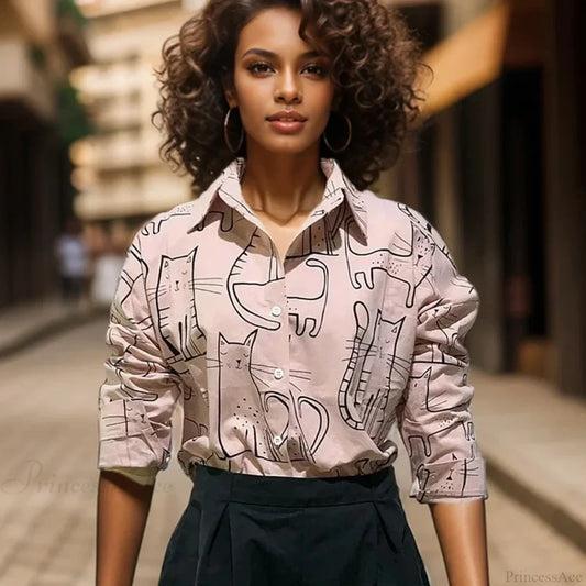 Cat Print Long Sleeve Vintage Casual Blouse blouse-250126