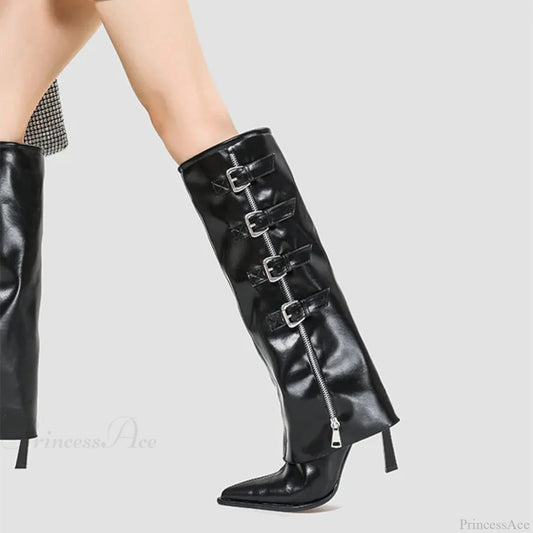 Catwalk Punk Glossy Faux Leather Alloy Clasp Tall Boot Gothic Shiny Leather Metal Buckle Knee-High Boot Black / 35