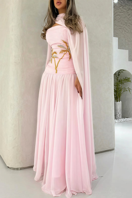 Elegant Chiffon Cape Beaded Maxi Dress