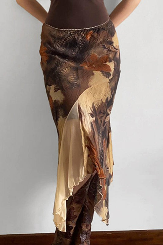 Floral Contrast Asymmetrical Mermaid Midi Skirt