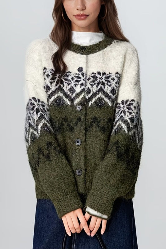 Retro Nordic Snowflake Jacquard Knit Cardigan