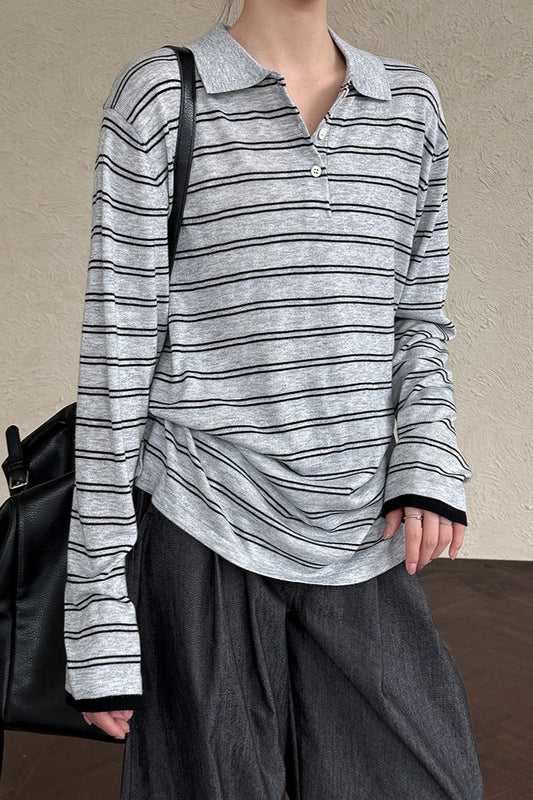Soft Wool Striped Polo Collar Long Sleeve Long Sleeve Tee