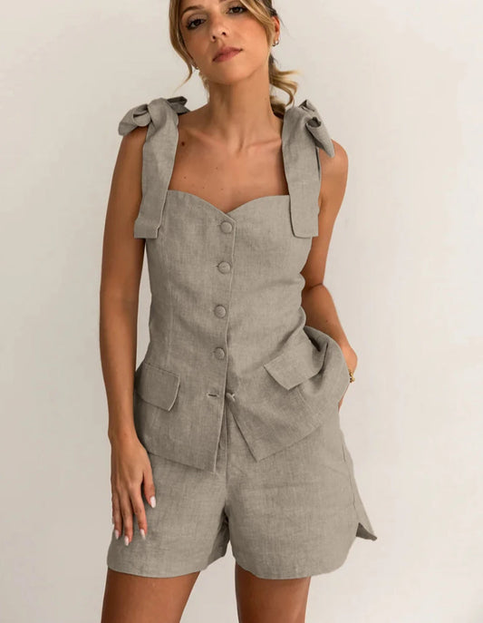 Khaki Cotton Slim Sleeveless Office Two Piece Set