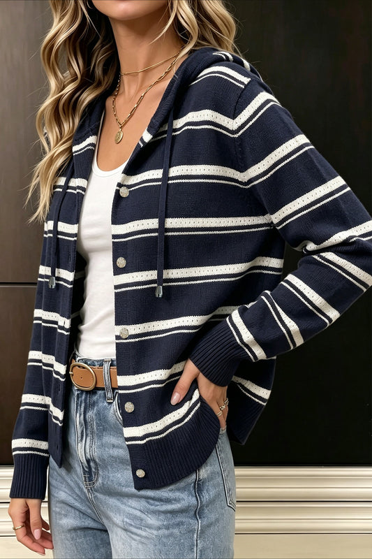 Navy Stripe Hooded Button Cardigans