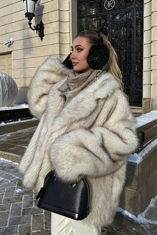 Wide Collar Mid Length Faux Fur Coat
