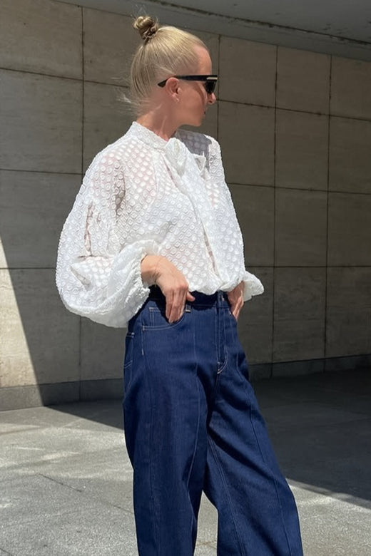 Textured Dot Tie Neck Blouse