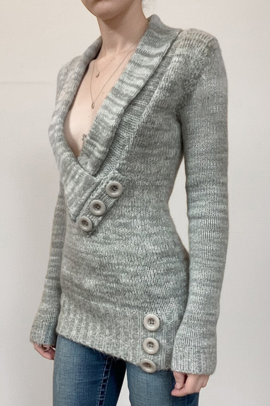 Vintage Paneled Asym V Neck Button Solid Sweater