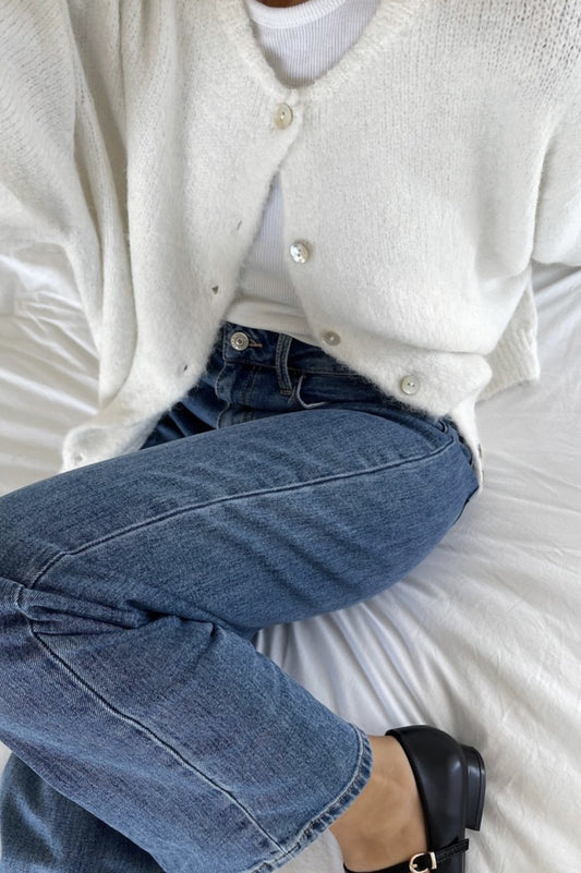 Soft Gray Vintage Shell-Button Knit Cardigan