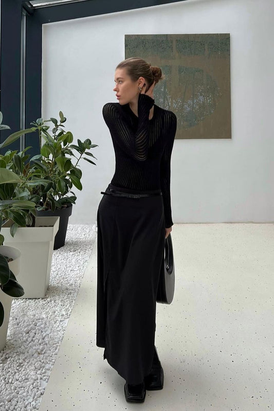 Ribbed Openwork Crew Neck Knit Sweater