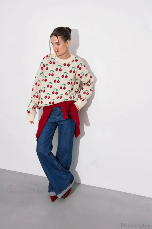 Cherry Crew Neck Mid Length Knit Sweater