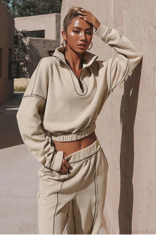 Chic Athleisure Stand Collar Sweatshirt Elastic Jogger Two Piece Set Apricot / S