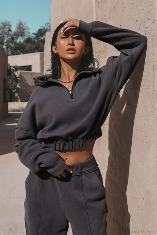 Chic Athleisure Stand Collar Sweatshirt Elastic Jogger Two Piece Set Grey / S