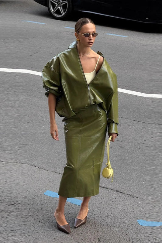 Chic Solid Patent Leather Stand Collar Jacket Skirt Two Piece Set