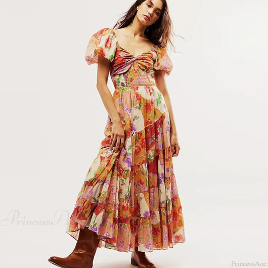 Chiffon Maxi Dress Floral Print Puff Sleeve Orange / S bohodress-250126