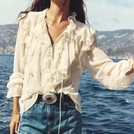 Chiffon Ruffles Bow Tie Long Sleeve Boho Blouse Beige / XS bohoblouse-250126