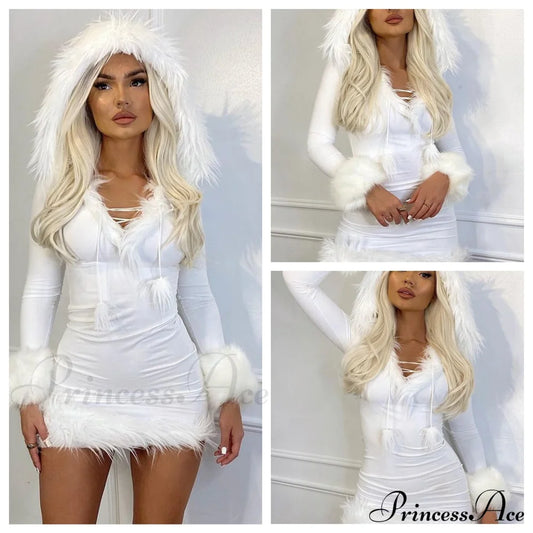 Christmas Plush Hem Splicing Frenulum V-Neck Hooded Skirt