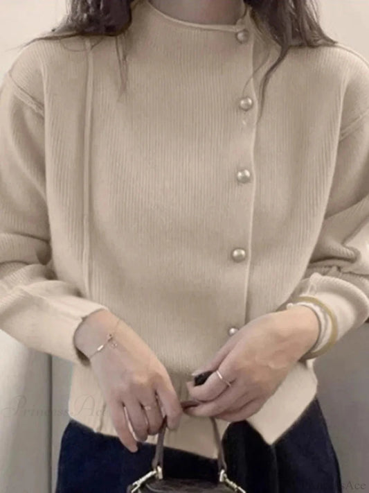 Christmas Red Puff Sleeve Button-Up Elegant Knitted Cardigan Beige / S cardiagn-250126